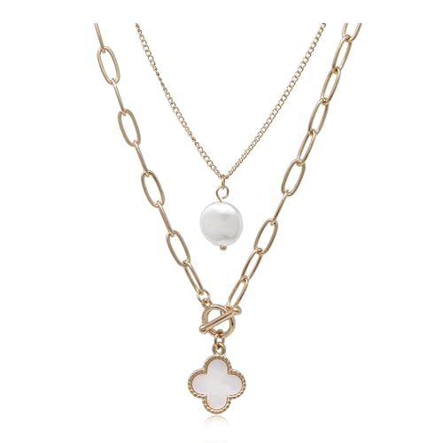 POMINA Chunky Coin Fashion Gold Necklace Trendy Statement Toggle Necklaces Women Clover Pearl Coin Pendant Thick Link Chain Layered Pearl Gold Necklaces for Women (2pc_Clover-Pearl)