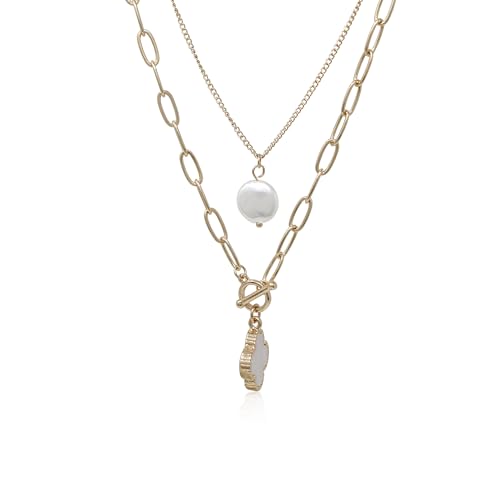 POMINA Chunky Coin Fashion Gold Necklace Trendy Statement Toggle Necklaces Women Clover Pearl Coin Pendant Thick Link Chain Layered Pearl Gold Necklaces for Women (2pc_Clover-Pearl)