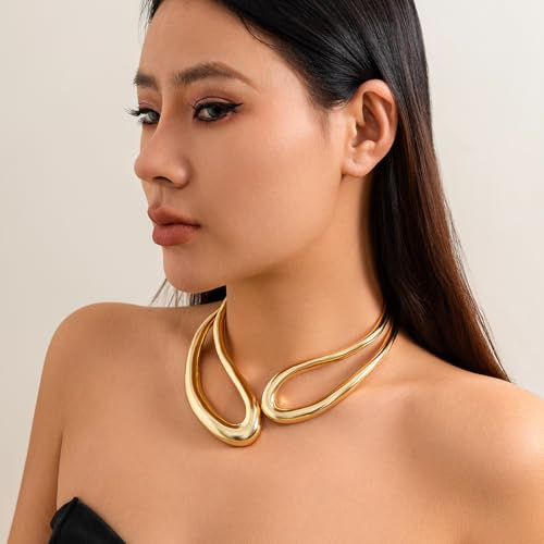 Inactwin Gold Chunky Choker Collar Necklaces Stretch Irregular Statement Necklace Twisted Geometric Clavicle Necklaces for Women Jewelry Gifts (gold)