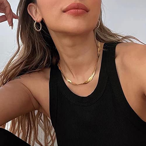 Tewiky Chunky Gold Necklace, Dainty Gold Statement Necklace 14k Gold Plated Thick Chain Necklace Simple Chunky Twisted Herringbone Choker Necklaces for Women