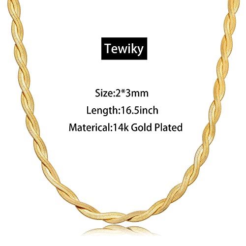 Tewiky Chunky Gold Necklace, Dainty Gold Statement Necklace 14k Gold Plated Thick Chain Necklace Simple Chunky Twisted Herringbone Choker Necklaces for Women