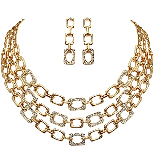 S SUSANN Chunky Collar Choker Necklace Costume Jewelry Sets for Women,Multilayered Square Link Chain Necklace and Earrings Set Perfect for Parties Weddings and Festivals