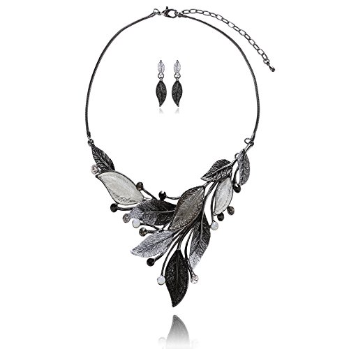 AMYJANE Women's Chunky Jewelry Set - Elegant Vintage Bold Black Crystal Rhinestone Plant Leaf Floral Bib Statement Necklace and Earrings Set for Party Prom