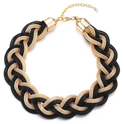 COOLSTEELANDBEYOND Gold Black Statement Necklace, Braided Hollow Cable Large Bib Choker Collar, Dress Prom