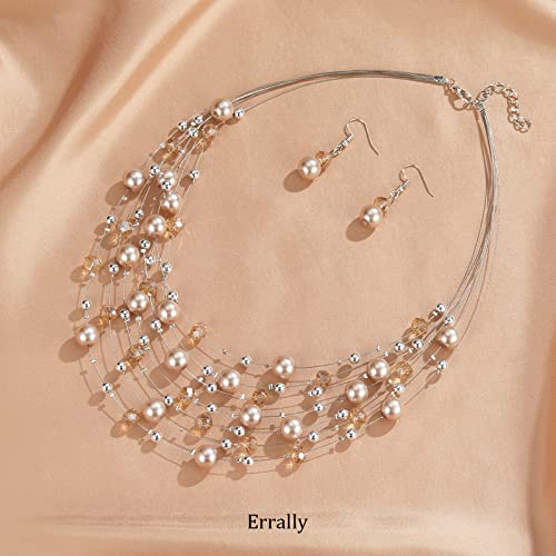 Layered Pearl Beaded Necklaces for Women Multi Layered Pearl Choker Necklace Boho Jewelry for Women Gifts for Mom(Champagne)