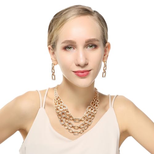 S SUSANN Chunky Collar Choker Necklace Costume Jewelry Sets for Women,Multilayered Square Link Chain Necklace and Earrings Set Perfect for Parties Weddings and Festivals