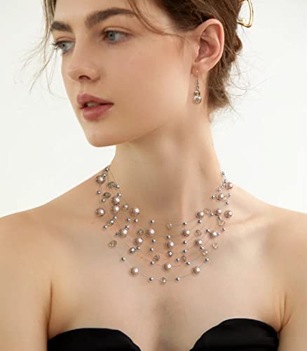 Layered Pearl Beaded Necklaces for Women Multi Layered Pearl Choker Necklace Boho Jewelry for Women Gifts for Mom(Champagne)