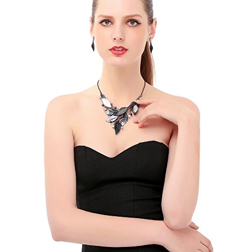 AMYJANE Women's Chunky Jewelry Set - Elegant Vintage Bold Black Crystal Rhinestone Plant Leaf Floral Bib Statement Necklace and Earrings Set for Party Prom