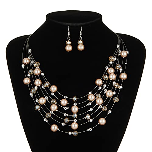 Layered Pearl Beaded Necklaces for Women Multi Layered Pearl Choker Necklace Boho Jewelry for Women Gifts for Mom(Champagne)