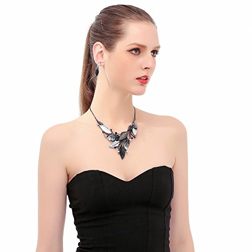 AMYJANE Women's Chunky Jewelry Set - Elegant Vintage Bold Black Crystal Rhinestone Plant Leaf Floral Bib Statement Necklace and Earrings Set for Party Prom