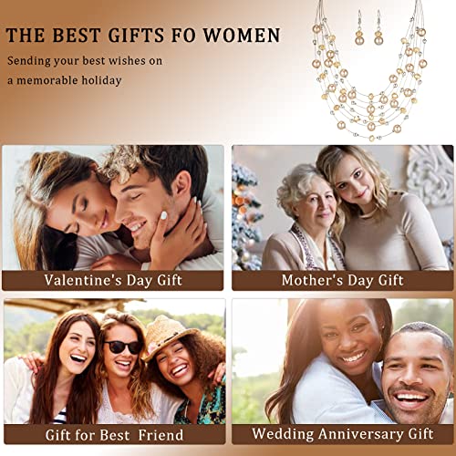 Layered Pearl Beaded Necklaces for Women Multi Layered Pearl Choker Necklace Boho Jewelry for Women Gifts for Mom(Champagne)