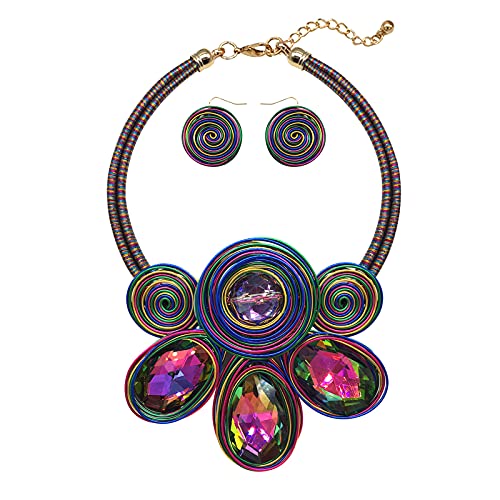 JHWZAIY Chunky African Statement Necklace For Women Tribal Fashion Costume Jewelry Earring Sets Unique Colorful Big Rhinestone Crystal Pendent Collar Choker Bib Handmade (01)