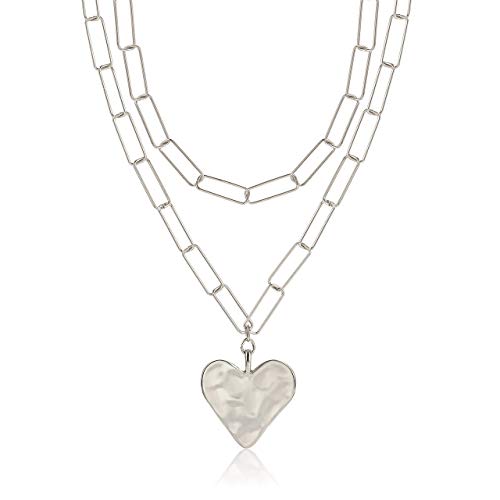 YAHPERN Layered Rectangle Paper Clip Chain Link Choker Statement Hammered Heart Pendant Necklace Minimalist Chunky Thick Chain Jewelry For Woman Girls (silver)
