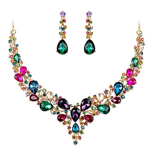 BriLove Wedding Bridal Necklace Earrings Jewelry Set for Women Austrian Crystal Teardrop Cluster Statement Necklace Dangle Earrings Set Multicolor Gold-Toned