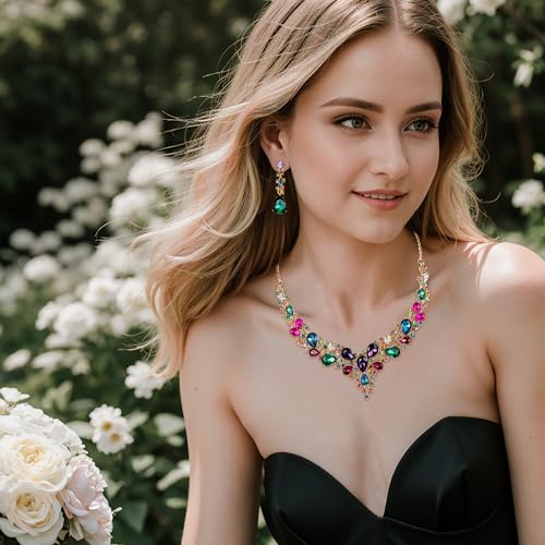 BriLove Wedding Bridal Necklace Earrings Jewelry Set for Women Austrian Crystal Teardrop Cluster Statement Necklace Dangle Earrings Set Multicolor Gold-Toned