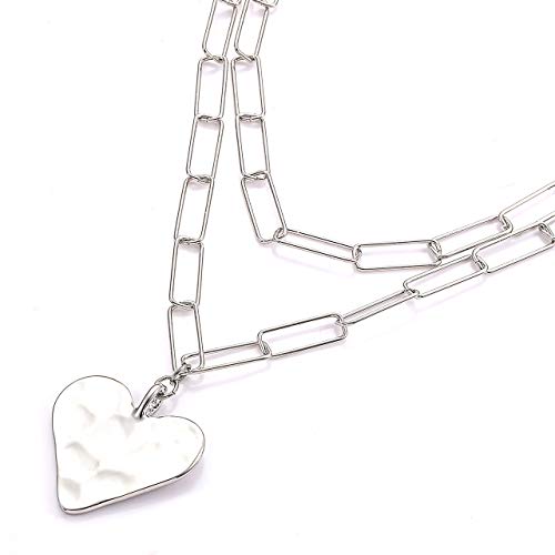 YAHPERN Layered Rectangle Paper Clip Chain Link Choker Statement Hammered Heart Pendant Necklace Minimalist Chunky Thick Chain Jewelry For Woman Girls (silver)