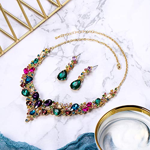BriLove Wedding Bridal Necklace Earrings Jewelry Set for Women Austrian Crystal Teardrop Cluster Statement Necklace Dangle Earrings Set Multicolor Gold-Toned