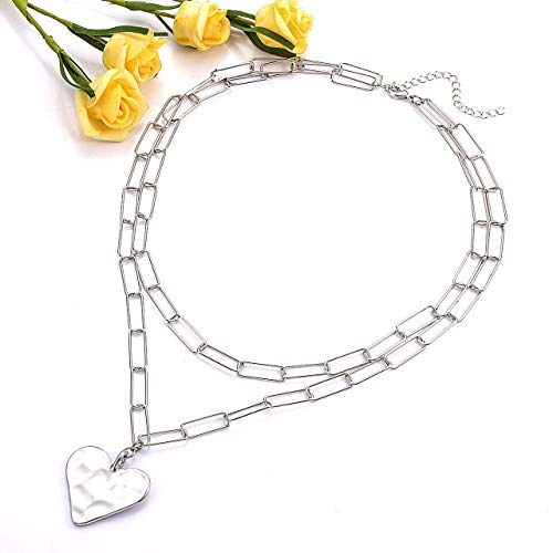YAHPERN Layered Rectangle Paper Clip Chain Link Choker Statement Hammered Heart Pendant Necklace Minimalist Chunky Thick Chain Jewelry For Woman Girls (silver)