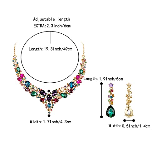 BriLove Wedding Bridal Necklace Earrings Jewelry Set for Women Austrian Crystal Teardrop Cluster Statement Necklace Dangle Earrings Set Multicolor Gold-Toned