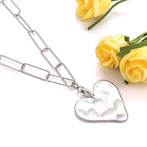 YAHPERN Layered Rectangle Paper Clip Chain Link Choker Statement Hammered Heart Pendant Necklace Minimalist Chunky Thick Chain Jewelry For Woman Girls (silver)