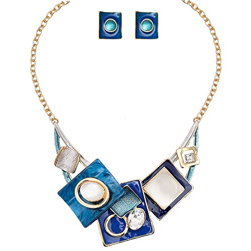 CSY Fashion Oval Crystal Opals Statement Bib Necklace Earrings Gold Plated Bohemian Costume Jewelry Set Gifts for Women (blue)