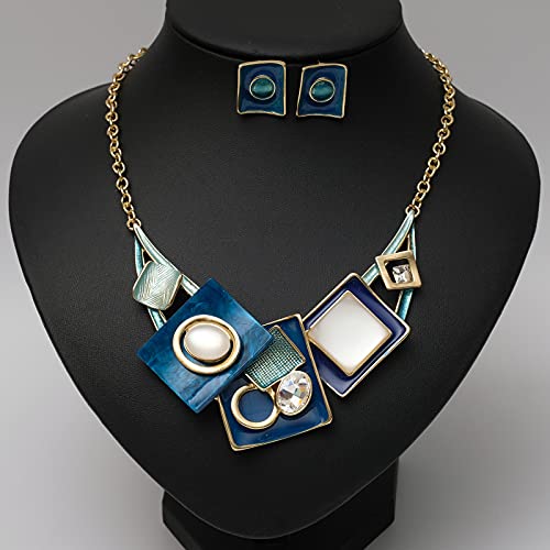 CSY Fashion Oval Crystal Opals Statement Bib Necklace Earrings Gold Plated Bohemian Costume Jewelry Set Gifts for Women (blue)