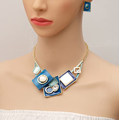 CSY Fashion Oval Crystal Opals Statement Bib Necklace Earrings Gold Plated Bohemian Costume Jewelry Set Gifts for Women (blue)