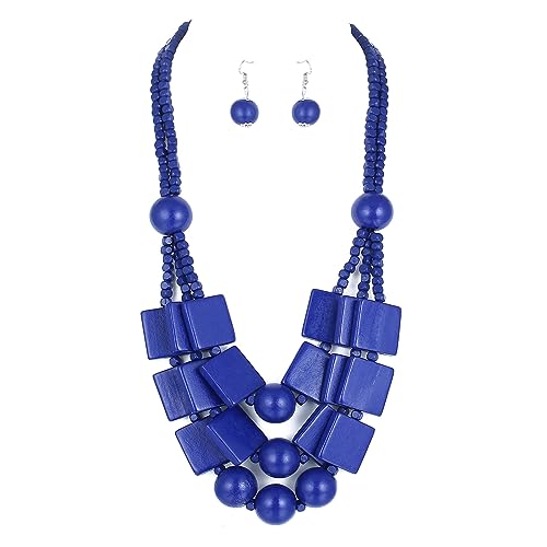 Kiszu 3 Layered Wood Beads Choker Necklace for Women, Statement Square Pieces Wood and Round Wooden Beaded Chunky Necklace, Bright Energetic Layered Chain Pendant Ladies Jewelry