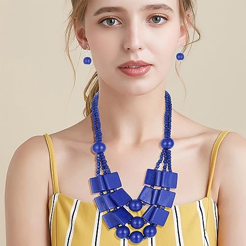 Kiszu 3 Layered Wood Beads Choker Necklace for Women, Statement Square Pieces Wood and Round Wooden Beaded Chunky Necklace, Bright Energetic Layered Chain Pendant Ladies Jewelry