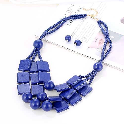 Kiszu 3 Layered Wood Beads Choker Necklace for Women, Statement Square Pieces Wood and Round Wooden Beaded Chunky Necklace, Bright Energetic Layered Chain Pendant Ladies Jewelry