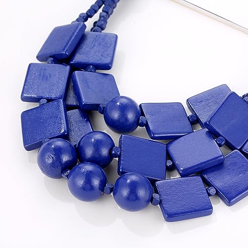 Kiszu 3 Layered Wood Beads Choker Necklace for Women, Statement Square Pieces Wood and Round Wooden Beaded Chunky Necklace, Bright Energetic Layered Chain Pendant Ladies Jewelry