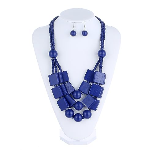 Kiszu 3 Layered Wood Beads Choker Necklace for Women, Statement Square Pieces Wood and Round Wooden Beaded Chunky Necklace, Bright Energetic Layered Chain Pendant Ladies Jewelry