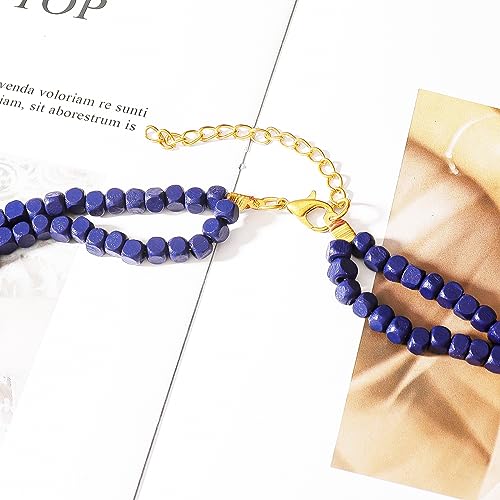 Kiszu 3 Layered Wood Beads Choker Necklace for Women, Statement Square Pieces Wood and Round Wooden Beaded Chunky Necklace, Bright Energetic Layered Chain Pendant Ladies Jewelry