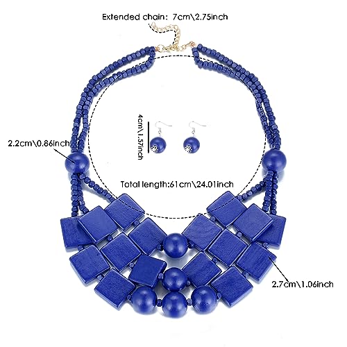 Kiszu 3 Layered Wood Beads Choker Necklace for Women, Statement Square Pieces Wood and Round Wooden Beaded Chunky Necklace, Bright Energetic Layered Chain Pendant Ladies Jewelry