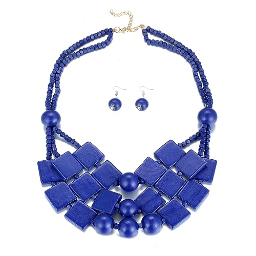 Kiszu 3 Layered Wood Beads Choker Necklace for Women, Statement Square Pieces Wood and Round Wooden Beaded Chunky Necklace, Bright Energetic Layered Chain Pendant Ladies Jewelry