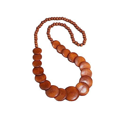 COLORFUL BLING Natural Chunky Wooden Beads Statement Necklace Boho African Tribal Collar Choker Bib Necklace Hippie Vacation Jewelry for Unisex Men Women Boy-Long Brown