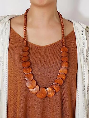 COLORFUL BLING Natural Chunky Wooden Beads Statement Necklace Boho African Tribal Collar Choker Bib Necklace Hippie Vacation Jewelry for Unisex Men Women Boy-Long Brown