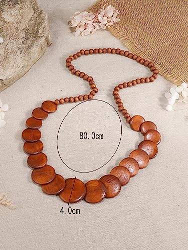 COLORFUL BLING Natural Chunky Wooden Beads Statement Necklace Boho African Tribal Collar Choker Bib Necklace Hippie Vacation Jewelry for Unisex Men Women Boy-Long Brown