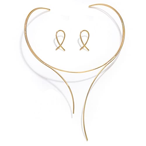 Wosois Choker Necklace Earrings Set Layered Chunky Chokers Statement Collar Necklaces African Alloy Costumes Jewelry Accessories for Women for Women and Girls (Gold)