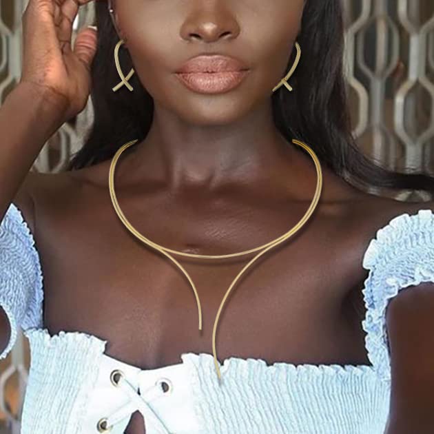 Wosois Choker Necklace Earrings Set Layered Chunky Chokers Statement Collar Necklaces African Alloy Costumes Jewelry Accessories for Women for Women and Girls (Gold)