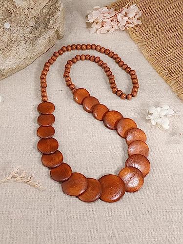 COLORFUL BLING Natural Chunky Wooden Beads Statement Necklace Boho African Tribal Collar Choker Bib Necklace Hippie Vacation Jewelry for Unisex Men Women Boy-Long Brown