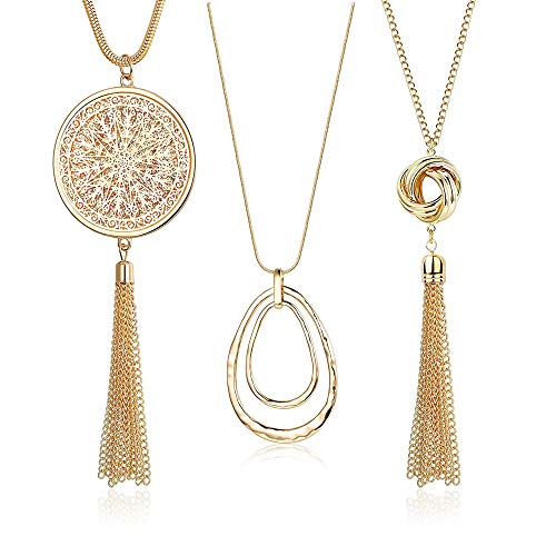 SEVENSTONE 3PCS Long Pendant Necklaces for Women Knot Disk Circle Tassel Statement Sweater Gold Necklace Set