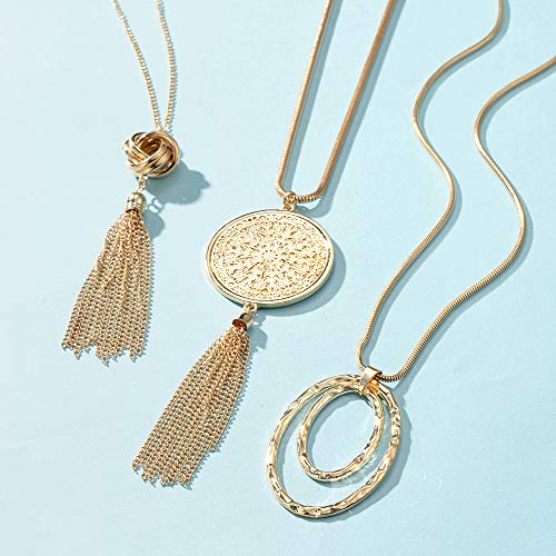 SEVENSTONE 3PCS Long Pendant Necklaces for Women Knot Disk Circle Tassel Statement Sweater Gold Necklace Set