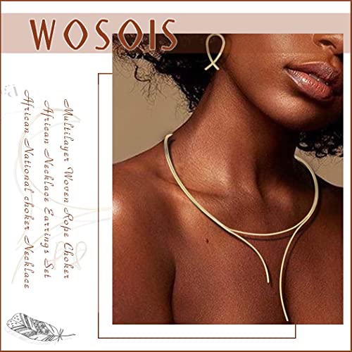 Wosois Choker Necklace Earrings Set Layered Chunky Chokers Statement Collar Necklaces African Alloy Costumes Jewelry Accessories for Women for Women and Girls (Gold)