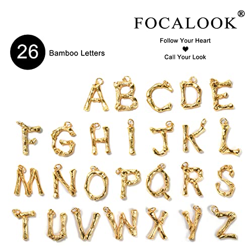FOCALOOK Statement Bamboo Necklace, 14K Gold Plated Initial Name Pendant Necklace for Women - Big Bamboo Letter Charm Necklace(With Gift Box)