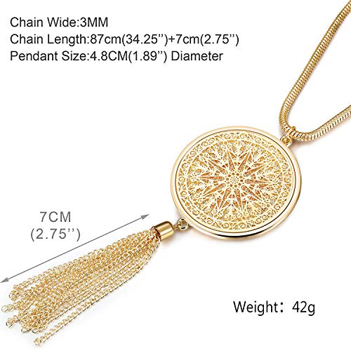 SEVENSTONE 3PCS Long Pendant Necklaces for Women Knot Disk Circle Tassel Statement Sweater Gold Necklace Set