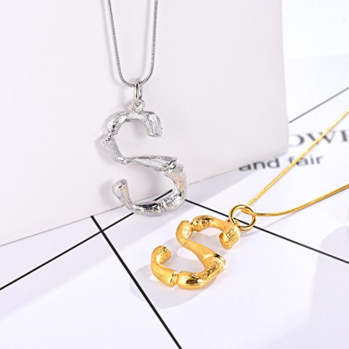FOCALOOK Statement Bamboo Necklace, 14K Gold Plated Initial Name Pendant Necklace for Women - Big Bamboo Letter Charm Necklace(With Gift Box)