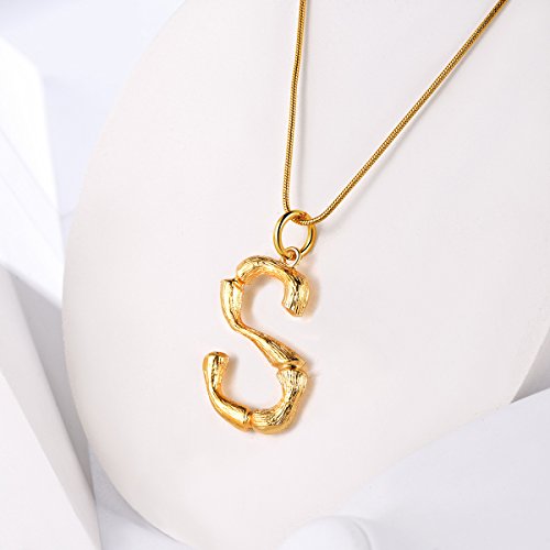 FOCALOOK Statement Bamboo Necklace, 14K Gold Plated Initial Name Pendant Necklace for Women - Big Bamboo Letter Charm Necklace(With Gift Box)