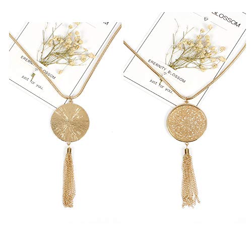 SEVENSTONE 3PCS Long Pendant Necklaces for Women Knot Disk Circle Tassel Statement Sweater Gold Necklace Set