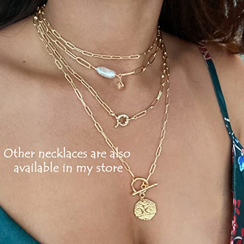 Chunky 18k Gold Chain Choker Necklace Freshwater Biwa Pearl Pendant CZ Starburst Charm Statement Jewelry for Women 16’’